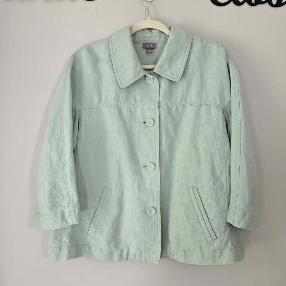 J. Jill Mint Green Button Up Linen Blend Lagenlook Boxy Boho Jacket Size XL